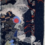 Lookiing Beyond, 2021, cotton, silk, cheese cloth, embroidery floss, 12"x10, framed 18"x15"