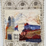 Road to Inclusion, 2021, 16"x11",vintage placemat,cotton fabric,cheese cloth,embroidery floss
